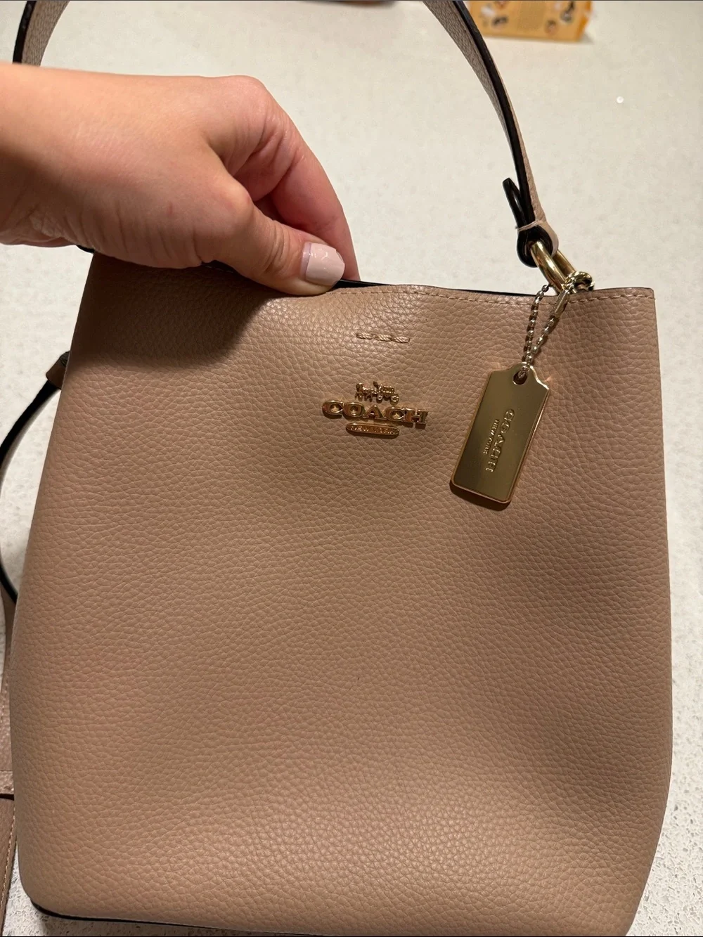 Coach Pebbled Leather Bucket Bag in Taupe Brown with Gold Hardware